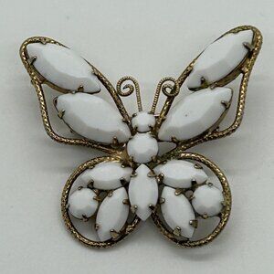 Vintage Juliana Butterfly Milk Glass Brooch Gold Tone Filigree Victorian Style